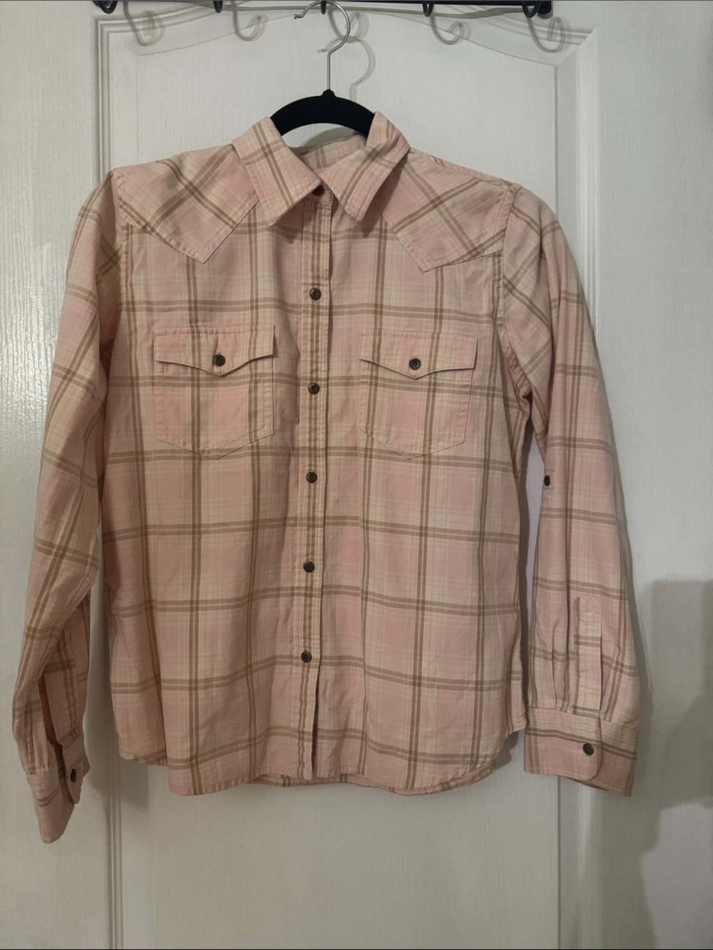 Chaps Pink and Tan Plaid Button-Down Shirt